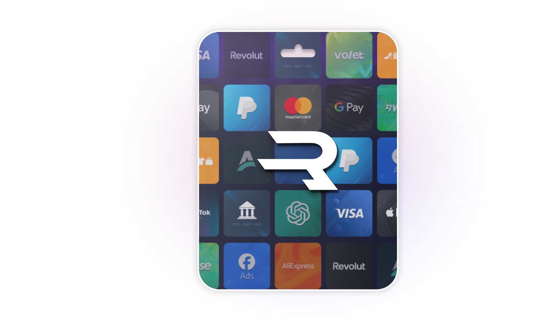 A digital gift card featuring a large "R" logo in front of a grid of app icons, including TikTok, PayPal, Google Pay, and Visa logos.